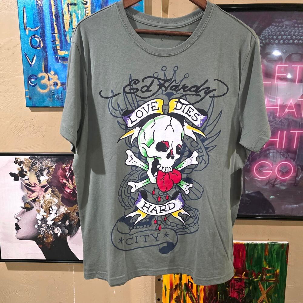 NWT Ed Hardy Y2K Style Deadstock Green Grunge Skull Tee XL